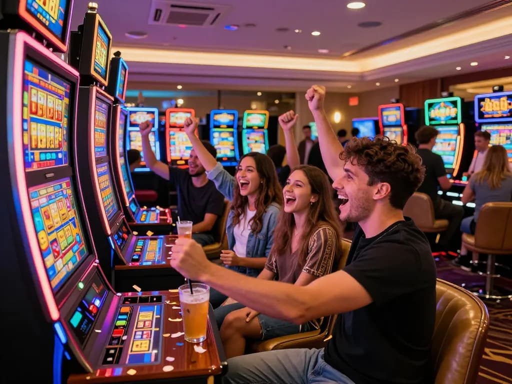 Excited players celebrating their big win at the Lucky 88 slot machine in a lively casino atmosphere.