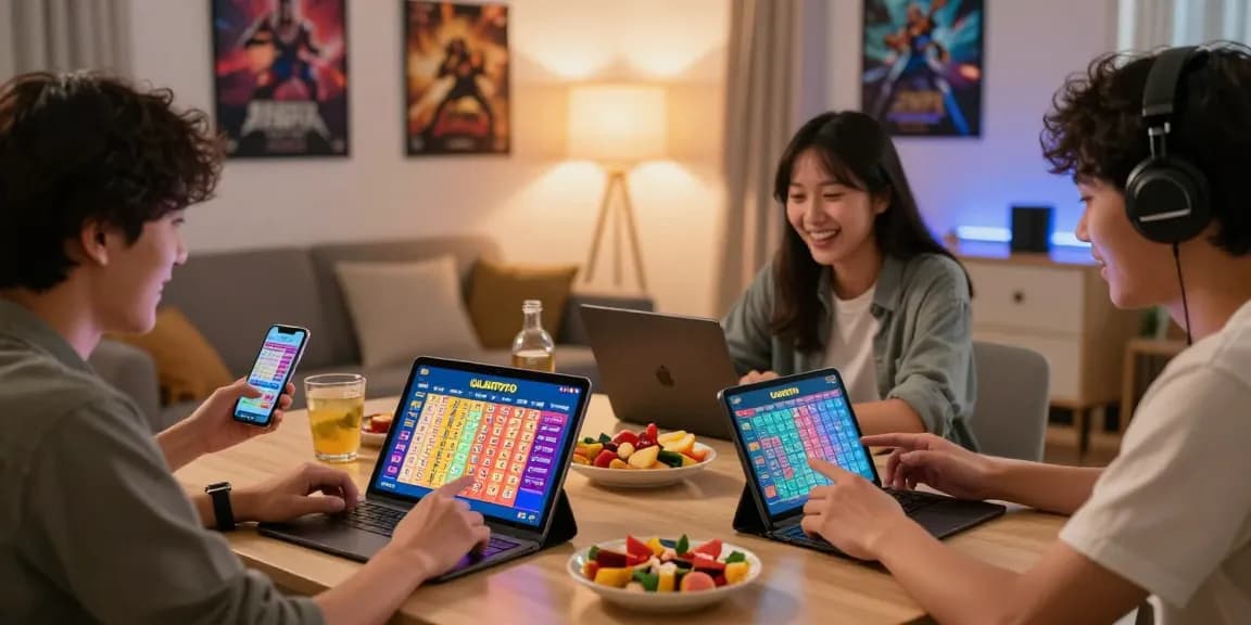 Players enjoying ULARTOTO online togel with friends in a vibrant living room.