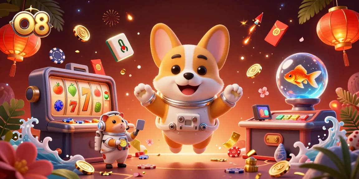 Float with O8 as a cartoon astronaut corgi, hamster controller, and goldfish at a cosmic casino