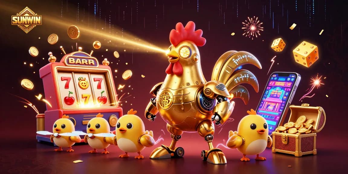 SUNWIN casino game experience with a golden rooster robot and baby chick drones surrounded by jackpot excitement.