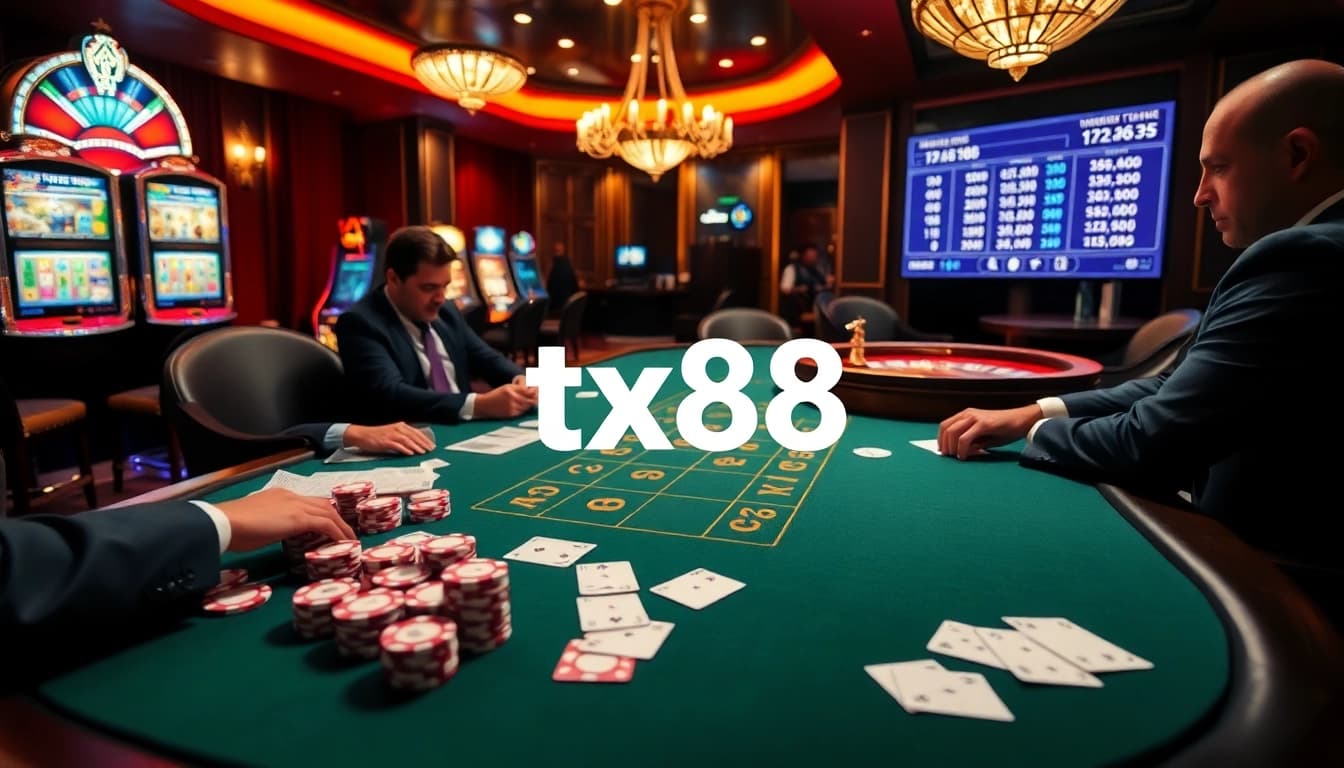 Experience an exciting tx88 casino atmosphere with poker players, vibrant chips, and roulette action.