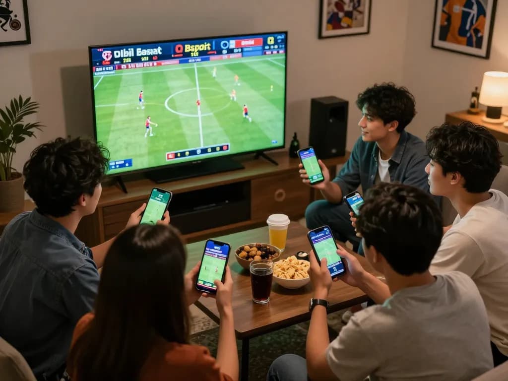Engaging sports fans checking Bsport odds during an exciting live football match.