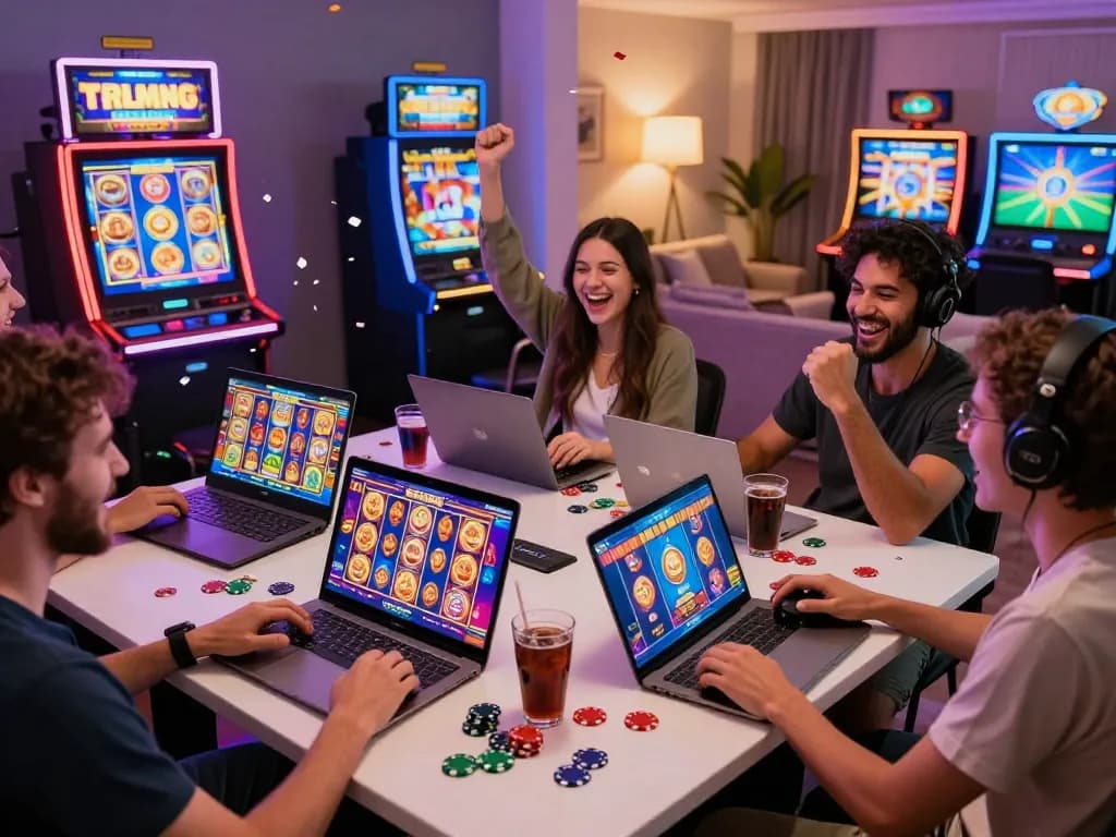 Teman-teman menikmati suasana meriah bermain situs slot gacor, layar yang diterangi, dan kegembiraan