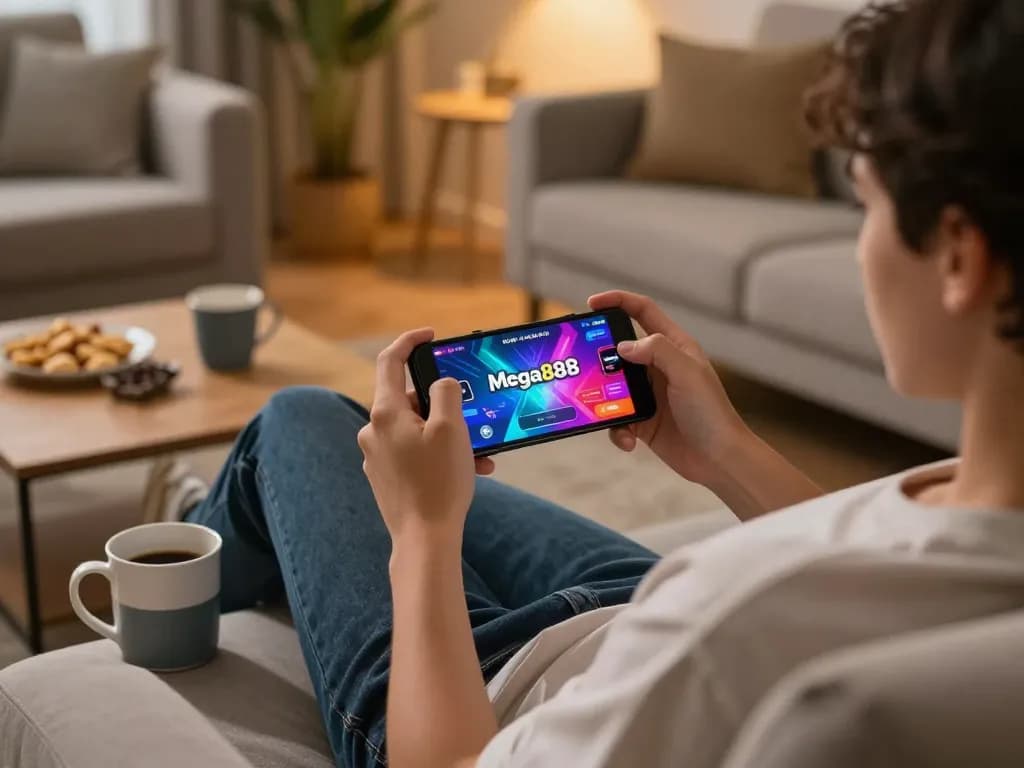 Terlibat dalam permainan kasino mudah alih, muat turun mega888 apk untuk android pada telefon pintar di ruang tamu yang selesa.