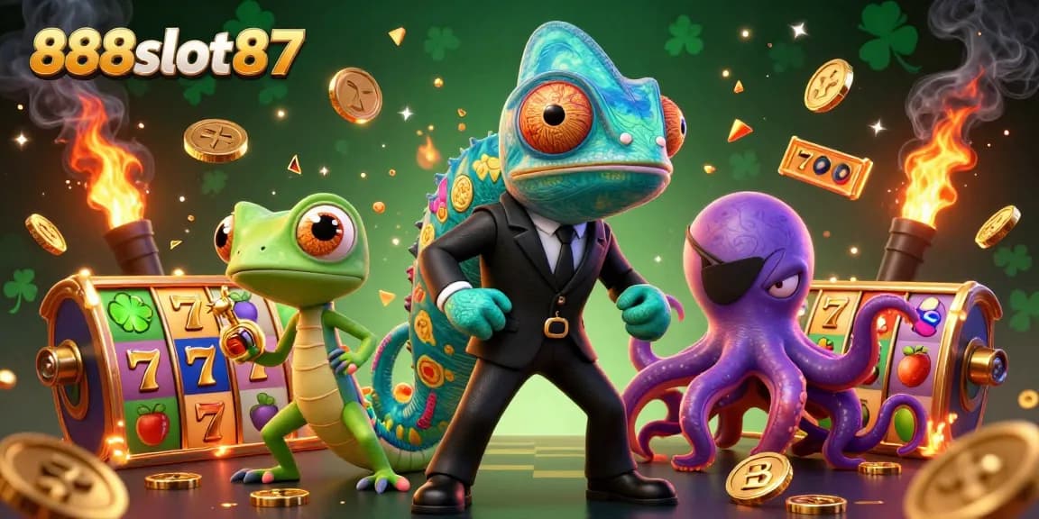 Play thrilling slot games with 888slot87 in a colorful casino adventure featuring jackpot reels and vibrant characters.