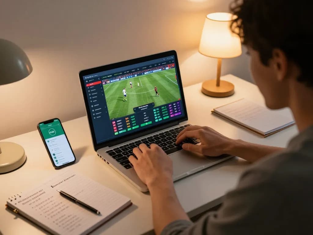 Soi kèo: Person analyzing betting odds on laptop during an online sports betting session