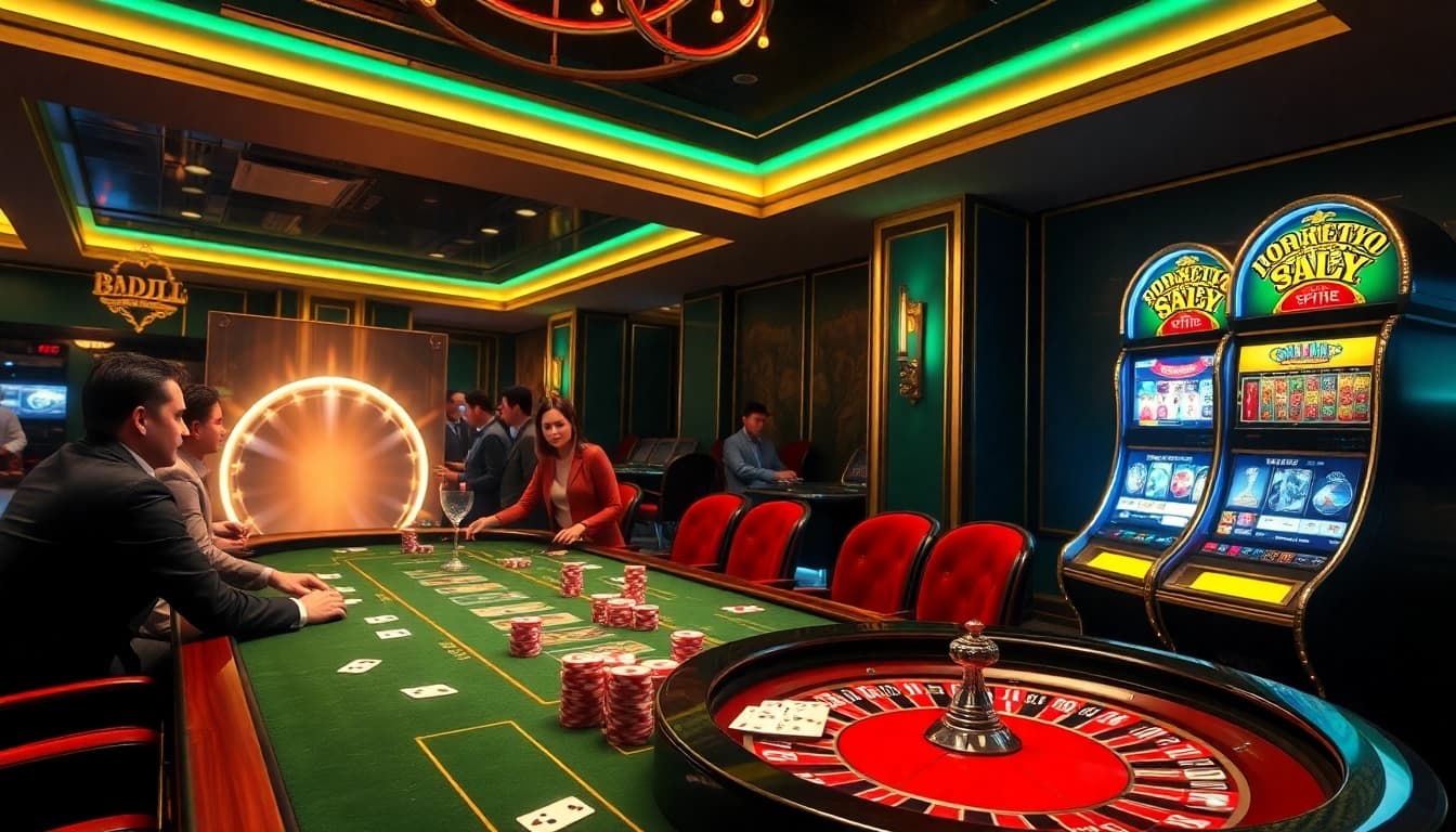 BDJL casino players engaging at a high-stakes poker table amidst a luxurious setting.