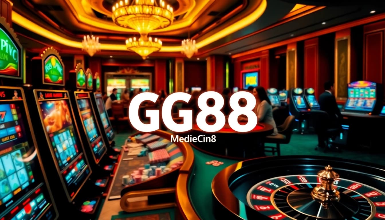 The captivating environment of GG88 media casino featuring lively players at poker and slot machines.