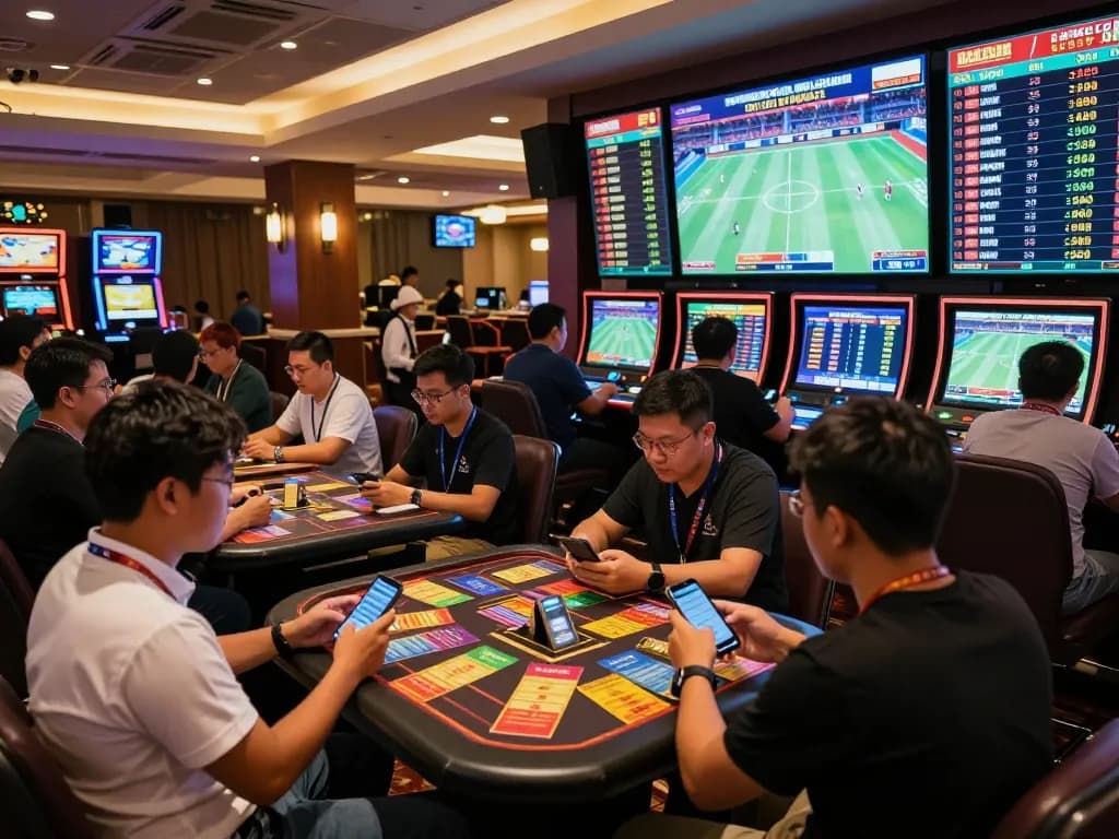 Fans analyzing odds and betting slips on keo truc tuyen in a bustling casino sports betting area.