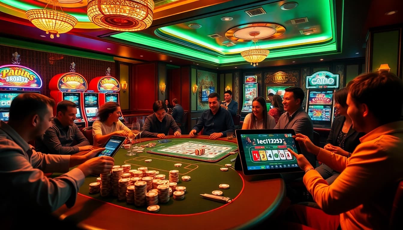 Players enjoying their experience on platform leci123 at a luxurious casino table with vibrant visuals.