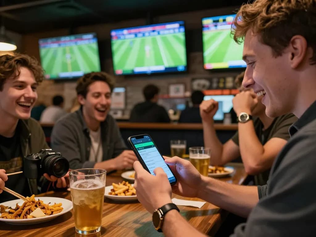Engaging in sports betting with friends using a mobile app during exciting football games, capturing the thrill of trang cá cược bóng đá.