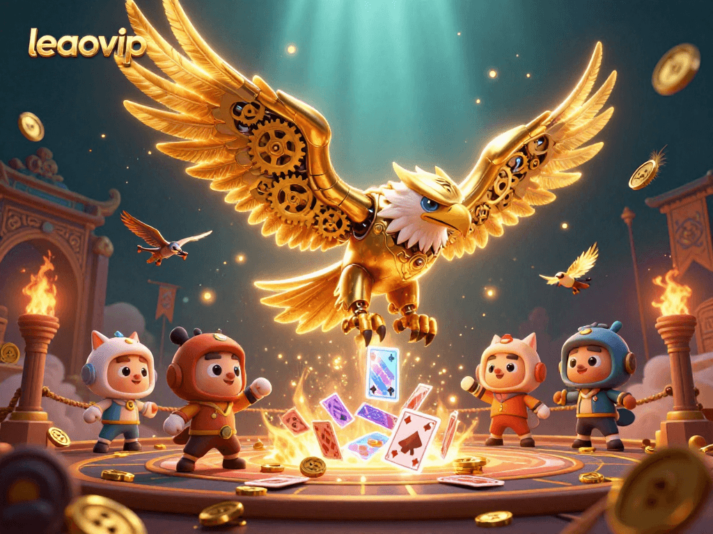 leaovip showcases a dynamic gambling scene with a cybernetic eagle amidst holographic cards.