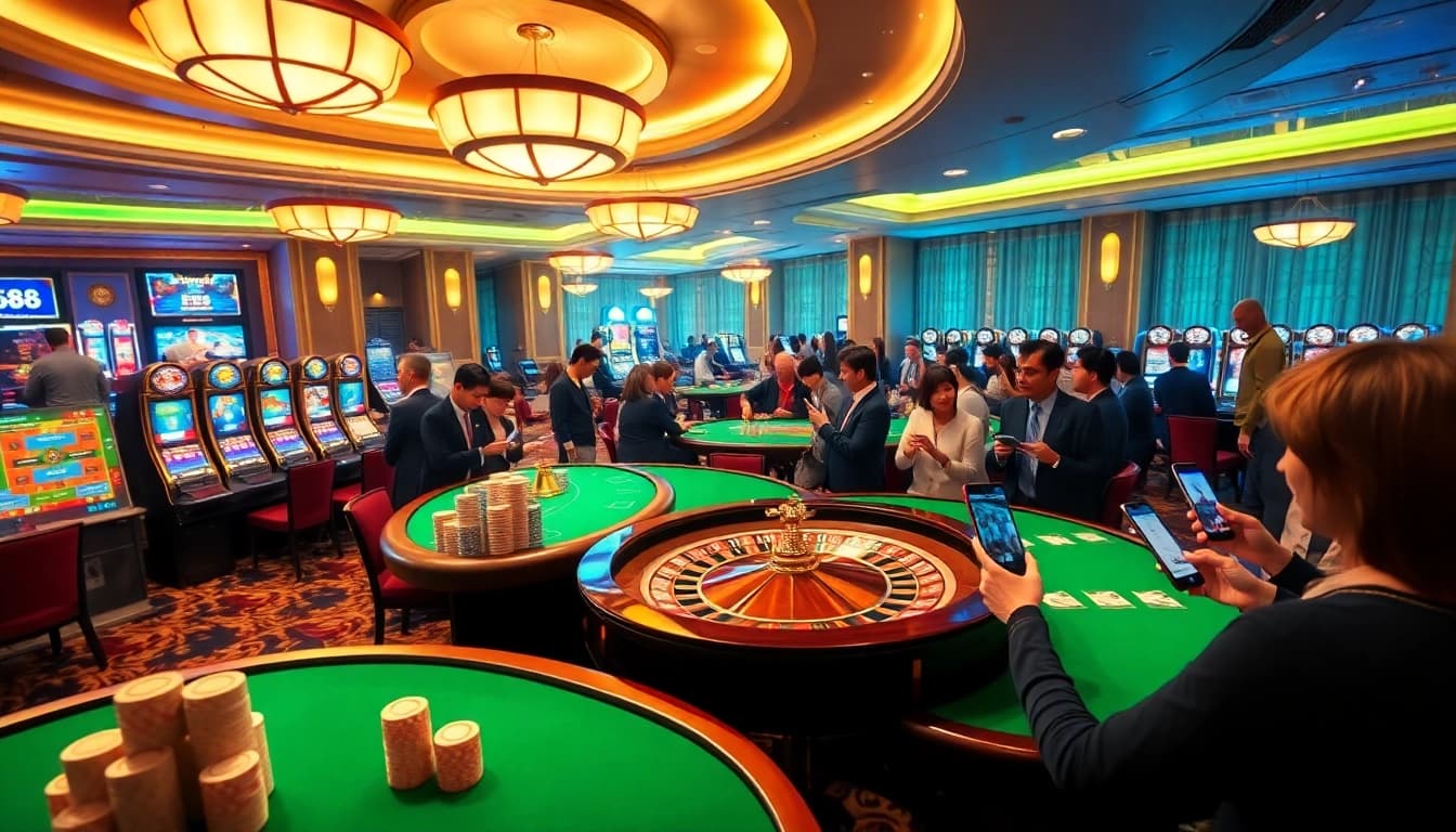 Experience the excitement of OPEN88 with vibrant casino tables and engaging players in action.