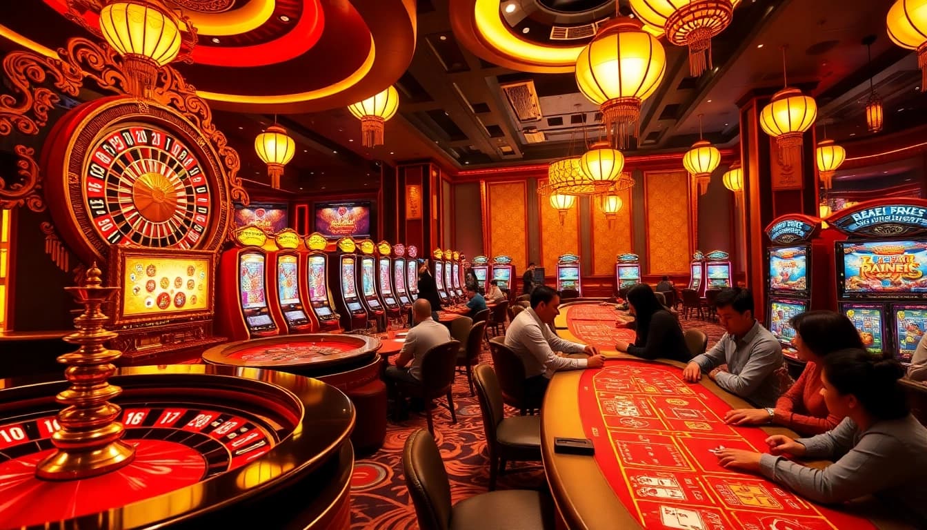 Experience the excitement of raja luck in a luxurious casino setting featuring vibrant slot machines and roulette.