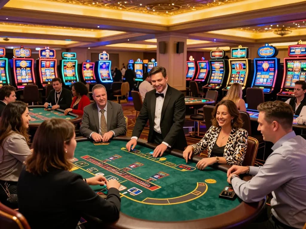 Players at the W69 blackjack tables engaged in a thrilling game, vibrant casino atmosphere.
