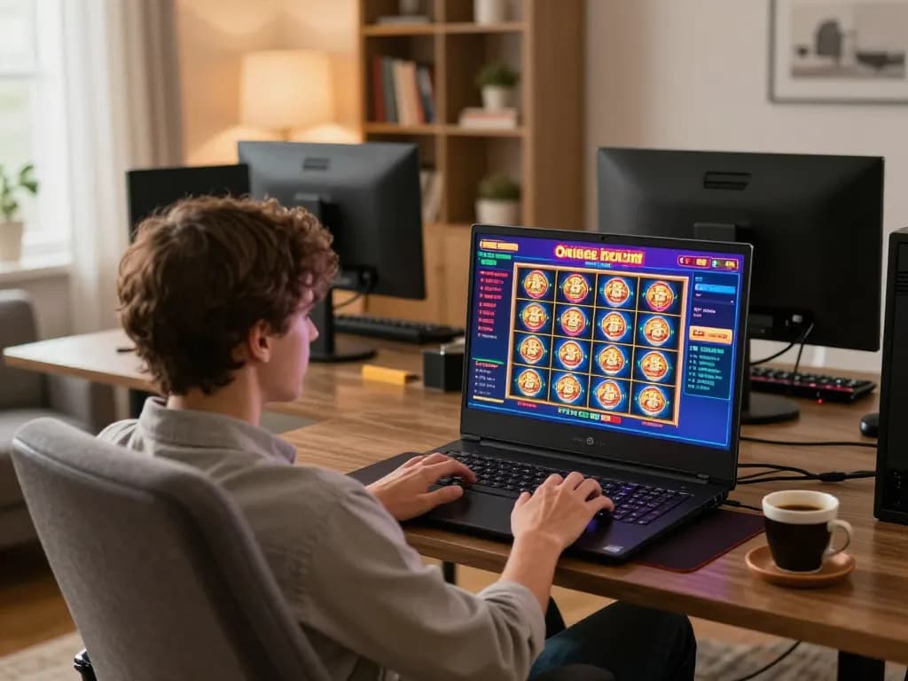 Person engaging in online gambling at home using a laptop showcasing okfun slot games.