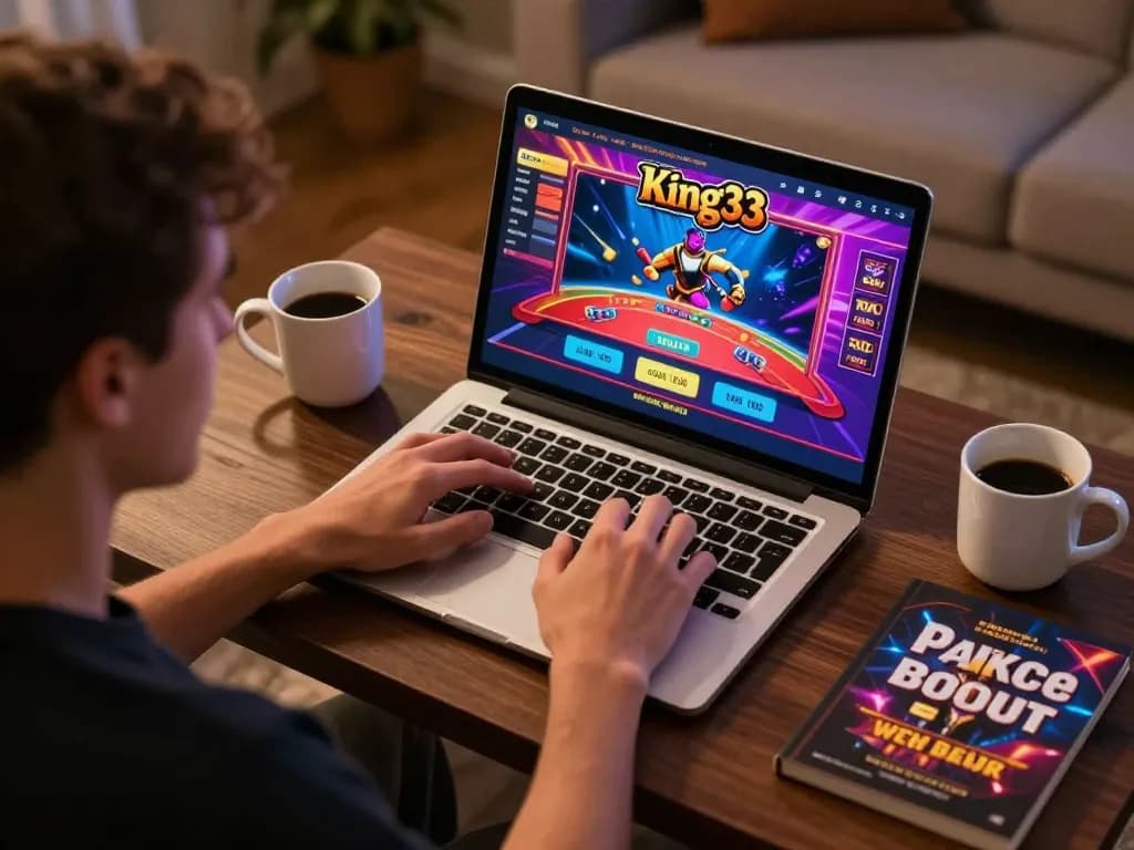 Engaged player using king33 platform for online gaming in a cozy home environment.
