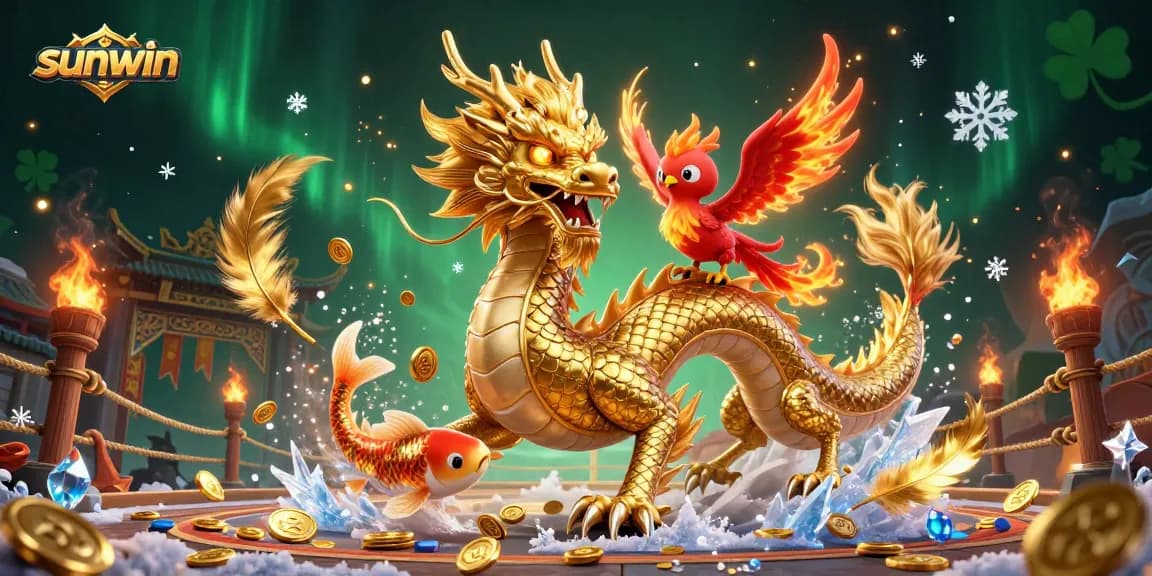 Experience thrilling gameplay with sunwin, featuring a dragon, phoenix, and koi fish amid dazzling coins.