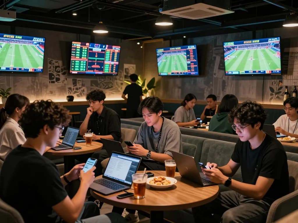 Engaging scene showcasing sports betting with players analyzing odds on devices while enjoying the thrill of tin soi kèo.