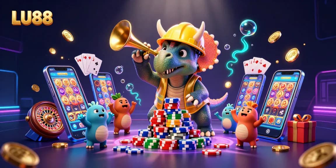 LU88 showcases an exciting 3D celebration of gaming, including slot machines and poker chips, in a vibrant casino-themed scene.