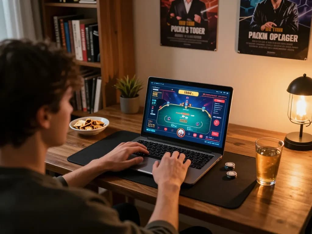 Engaging poker gameplay at home, showcasing VA88's online gaming experience with cozy ambiance.