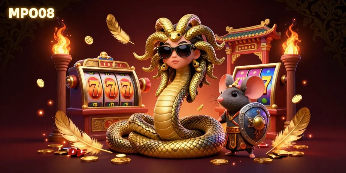 Join the excitement at MPO08 with friendly Medusa and a warrior mouse in a vibrant casino setting.