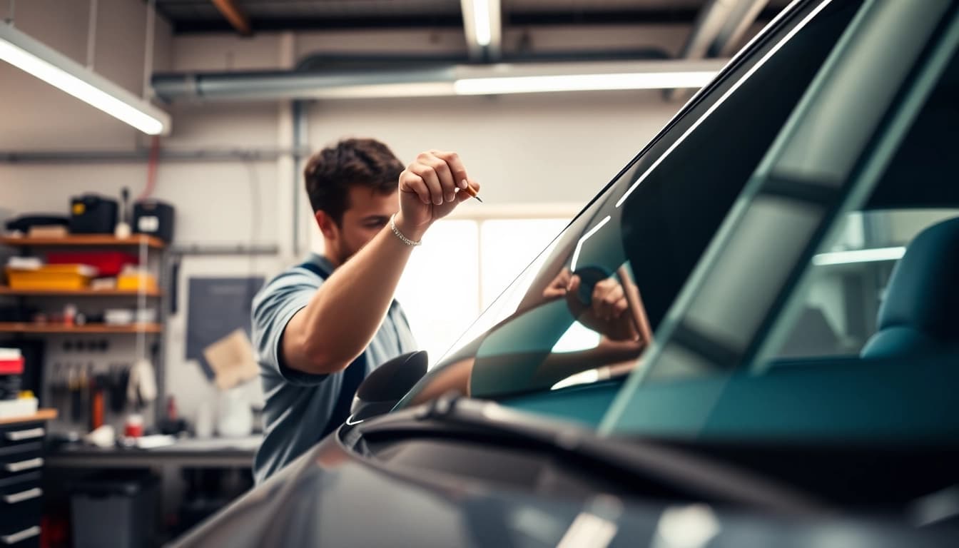 Window tinting Cleveland TN: Expert technician applying high-quality tint to a car windshield.