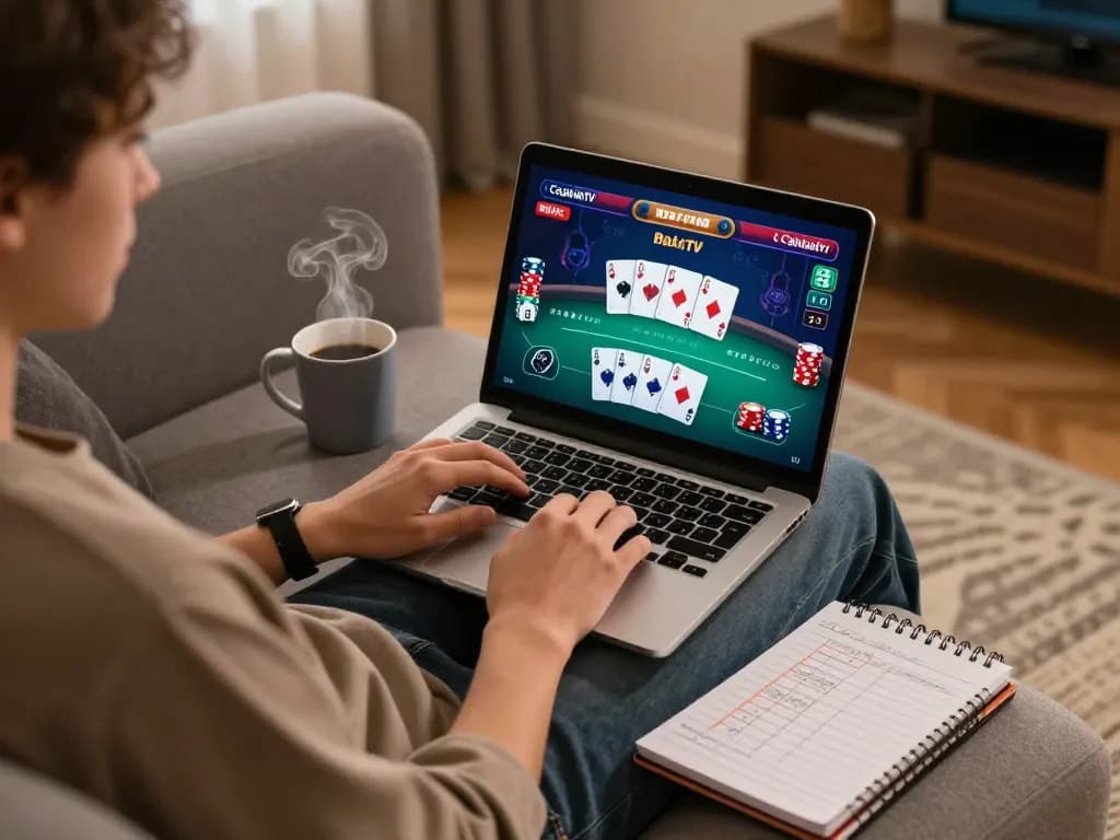 CakhiaTV user engaging in strategic online poker gameplay on laptop in cozy living room.