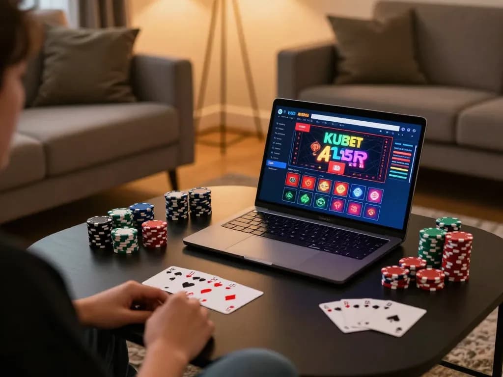 KUBET player engaging in online gaming with poker chips and cards in a cozy setting