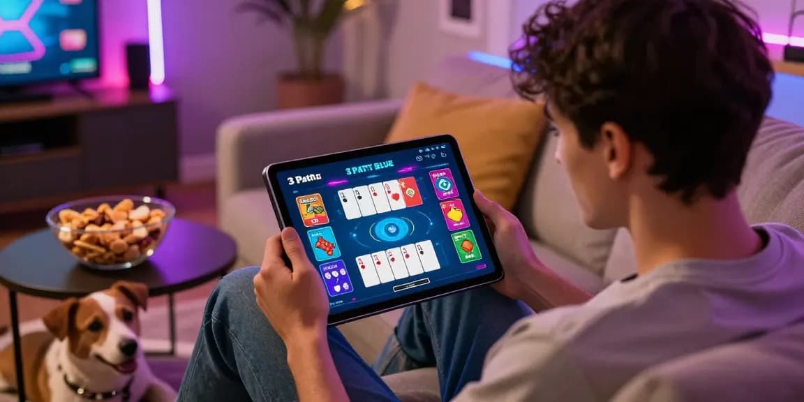 Download now to join the fun with 3 Patti Blue, showcasing vibrant online gaming experience on a tablet.