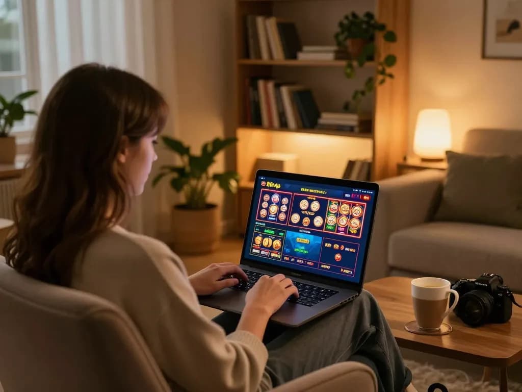 Engaged player exploring rikvip slots and poker options on laptop in cozy home setting.