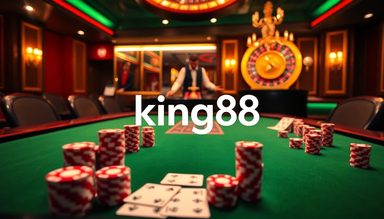 Experience the thrill of king88 with vibrant casino visuals featuring poker chips and cards.