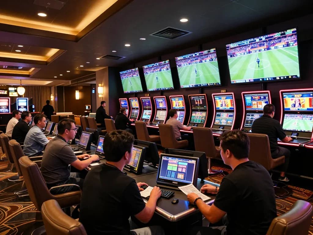 Kuwin sports betting lounge featuring patrons engaging with sports events on large screens