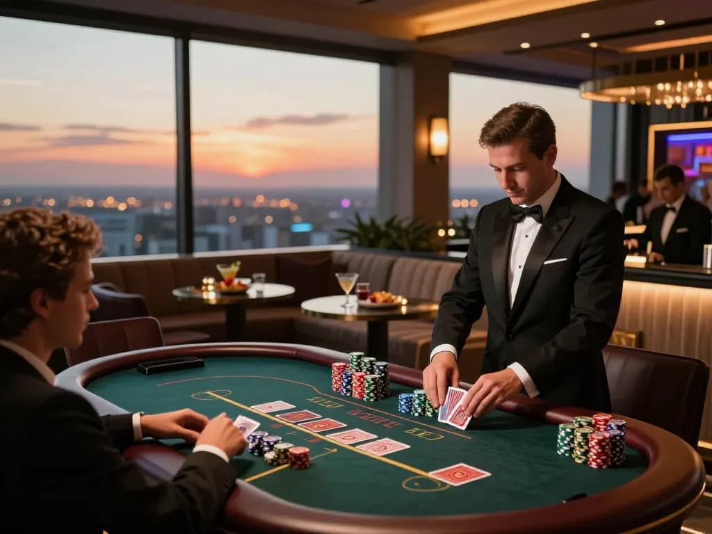 Players engaging in blackjack action at tg88 elegant rooftop bar overlooking casino