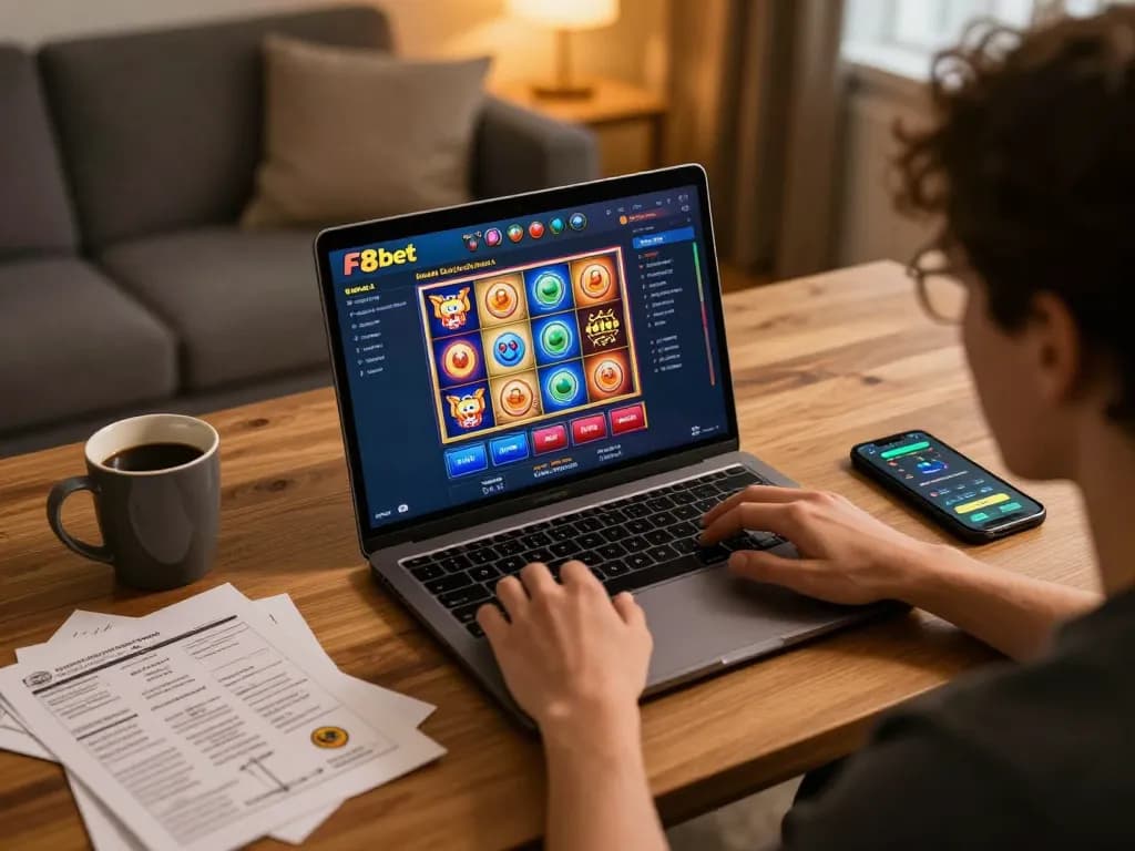 F8bet player enjoying a thrilling gaming session on a laptop at home with vibrant visuals.