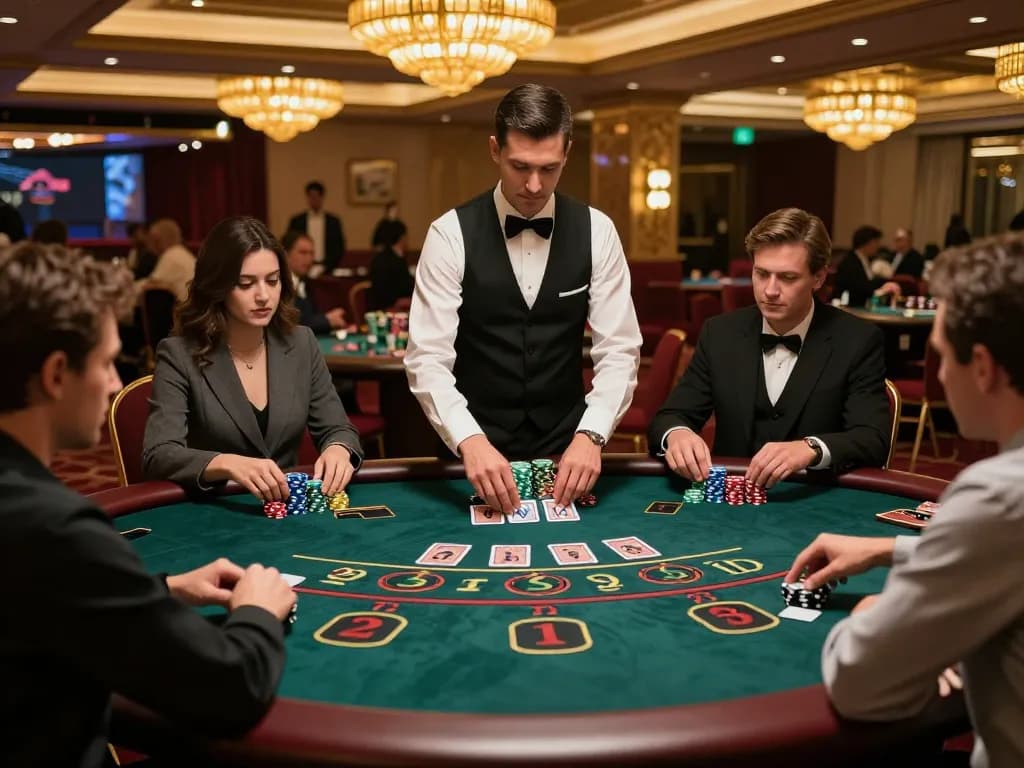 Players strategizing at a high-stakes blackjack table on badak178 platform, showcasing intense gameplay.