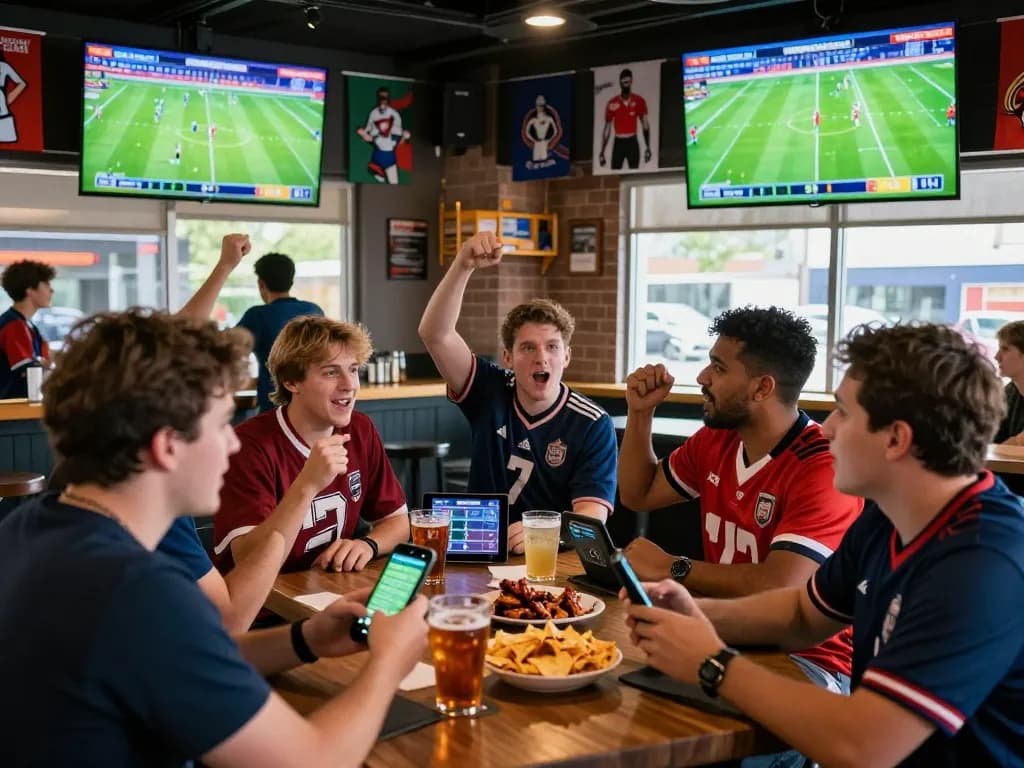 Engaged fans analyzing tỷ lệ kèo bóng đá at a lively sports bar while enjoying the game.