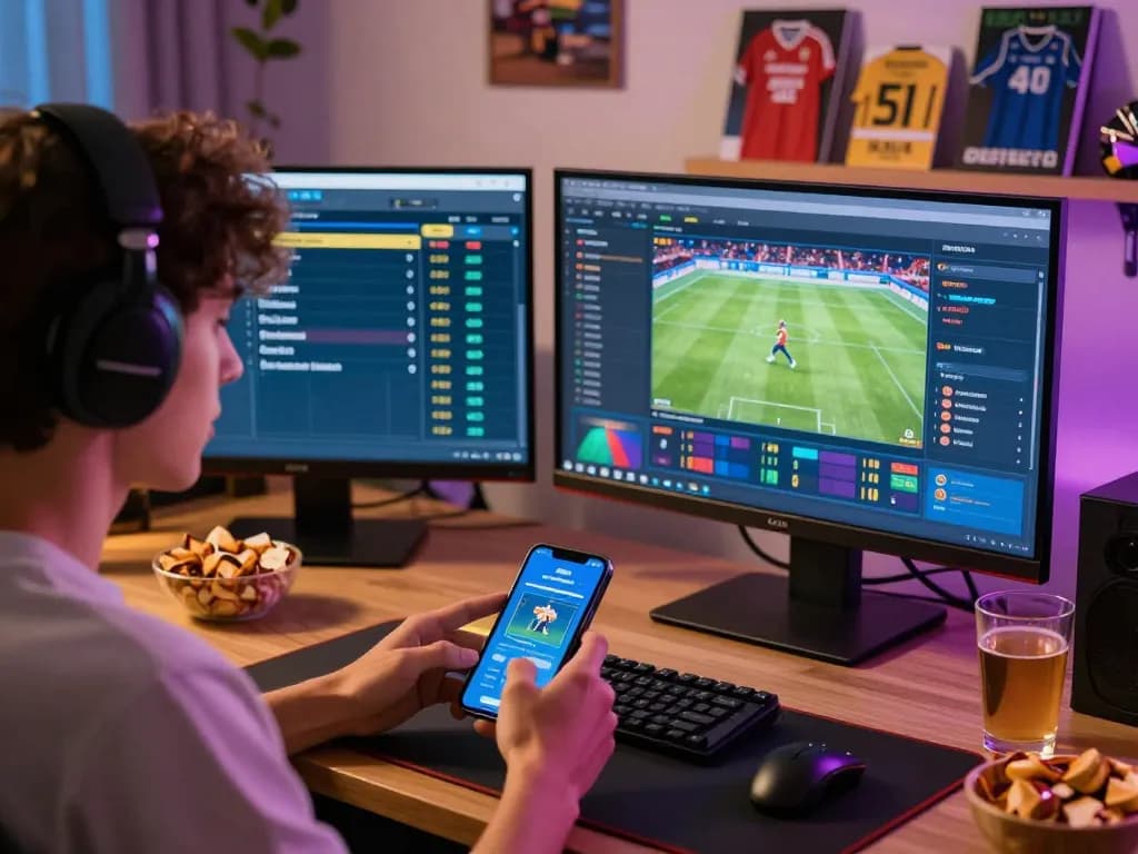 SIN88 user placing bets on a smartphone at a stylish online sports betting setup, showcasing an engaging gaming experience