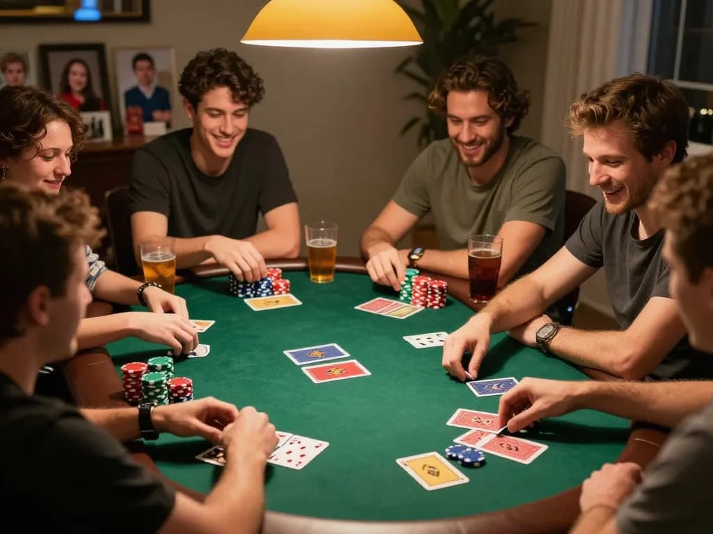 F8BET players enjoying a thrilling home poker game night surrounded by friends and snacks.
