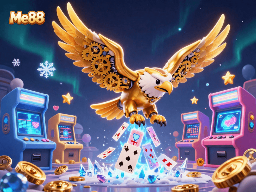 Engage with Me88's vibrant 3D illustration showcasing a golden eagle diving through casino-themed elements.