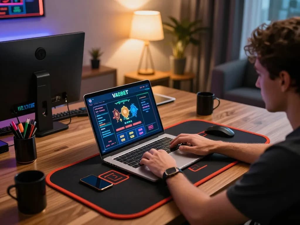 A player engaging in online casino action at https://vaobet.locker/ with vibrant gaming interface and a strategic setup.
