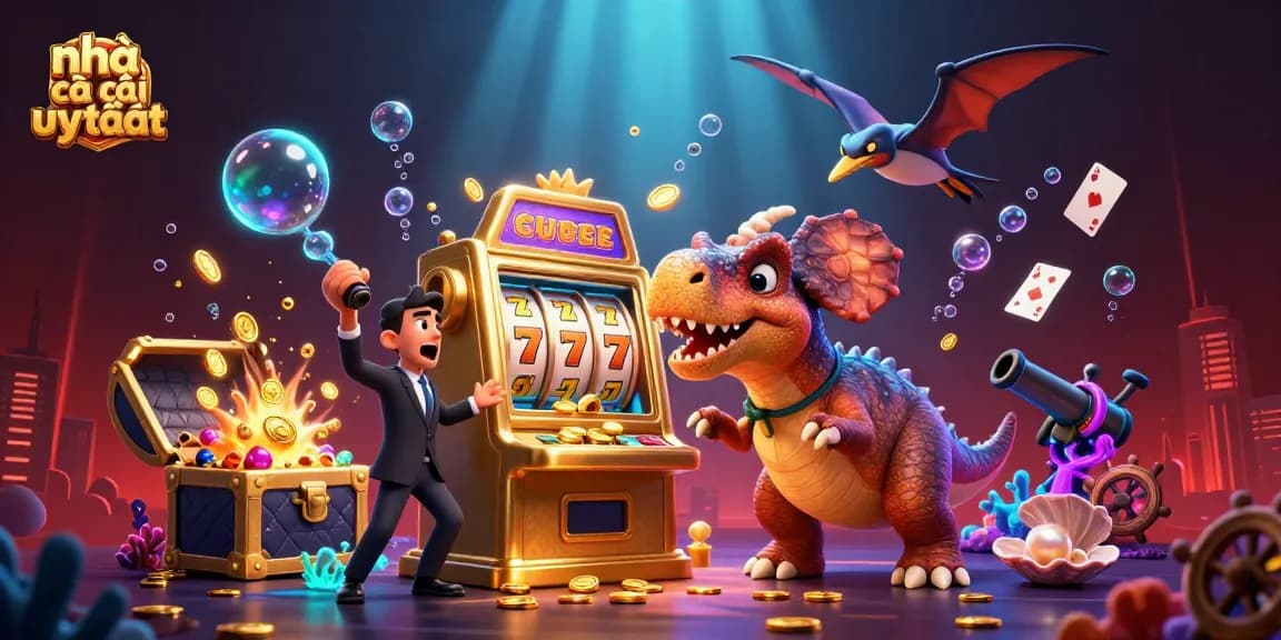 Experience the excitement of nhà cái uy tín with a cartoon dinosaur winning jackpots and flying coins in a vibrant casino.