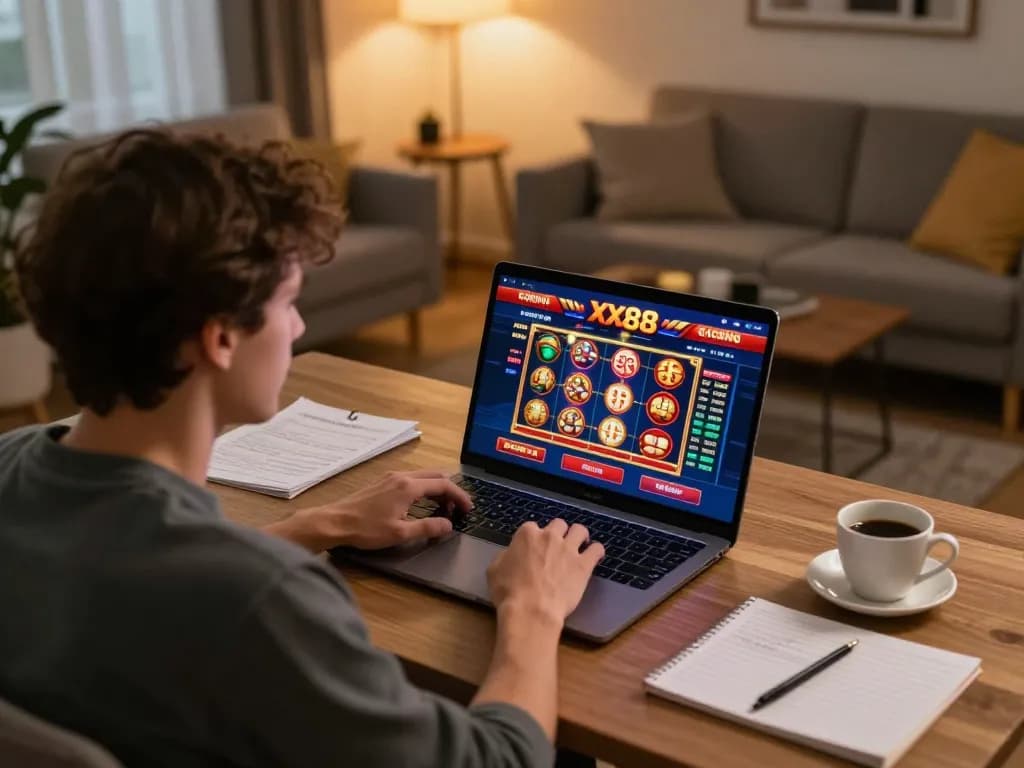 Player enjoying XX88 online casino gaming on a laptop in a cozy home setting.