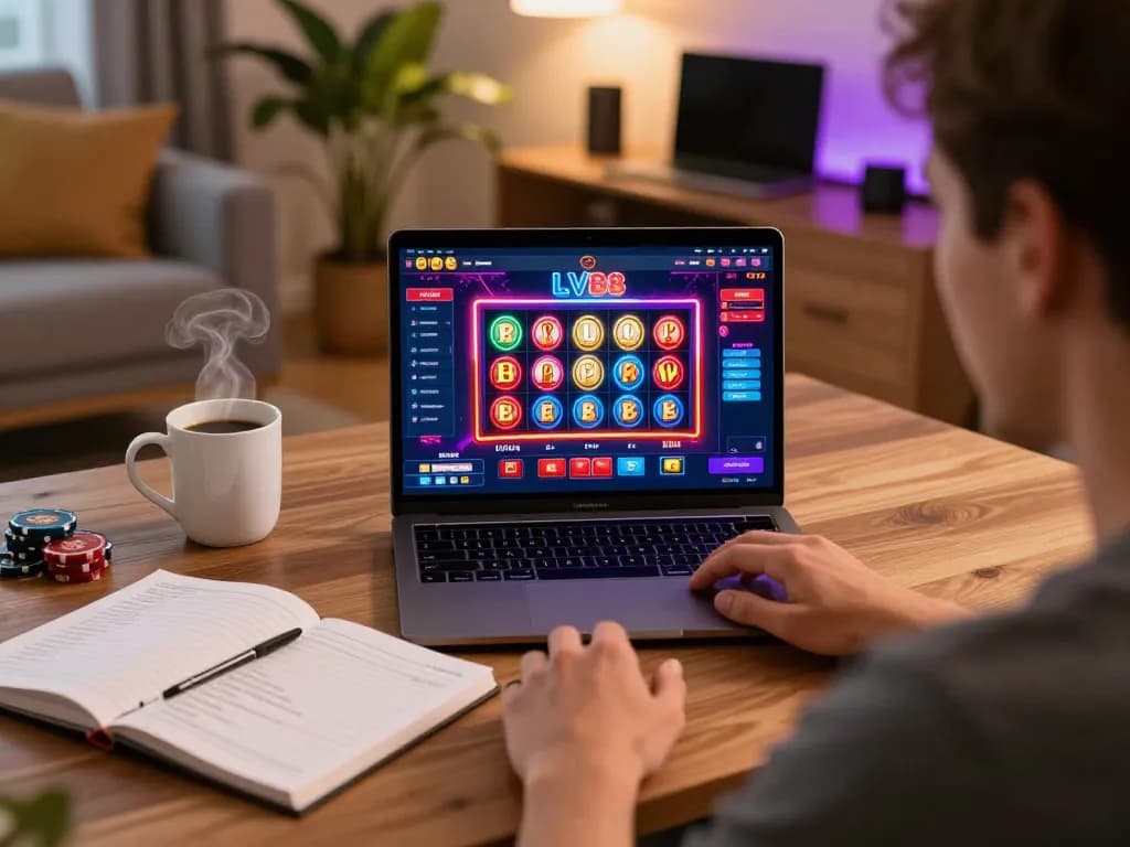 Player strategizing while enjoying LV88 online casino games on laptop, showcasing responsible gambling.