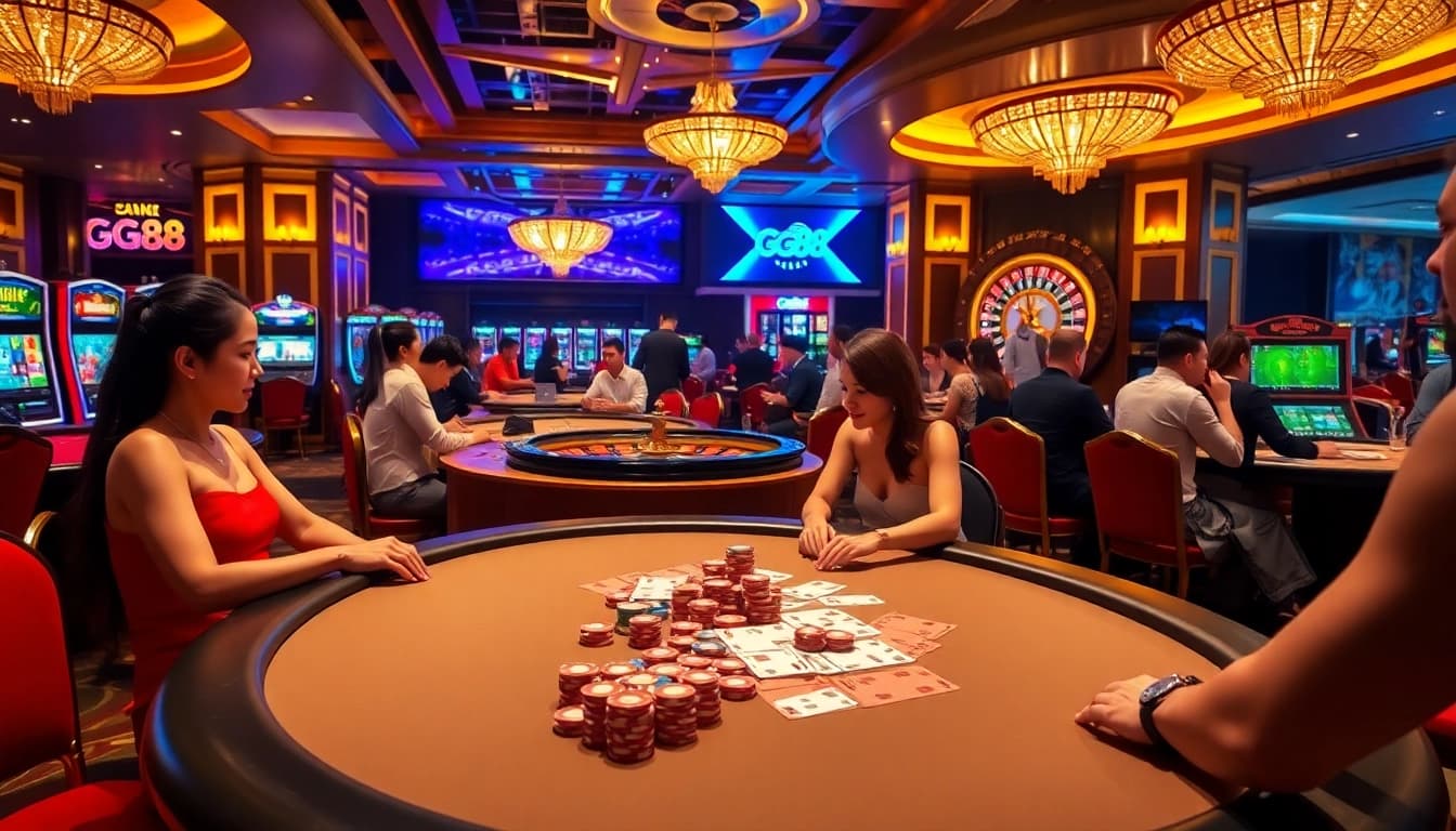 GG88 casino gaming area with vibrant tables and colorful slot machines, creating an exciting atmosphere.