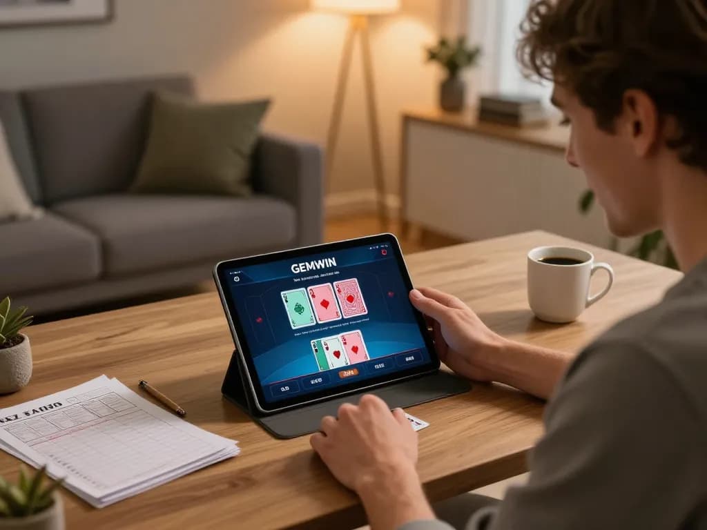 Player using the GEMWIN app for an exciting online poker game in a cozy home setting.