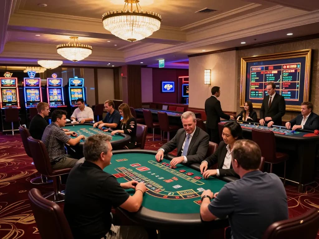 Play dynamic blackjack at Fly88's vibrant casino floor with excited players and professional dealers.