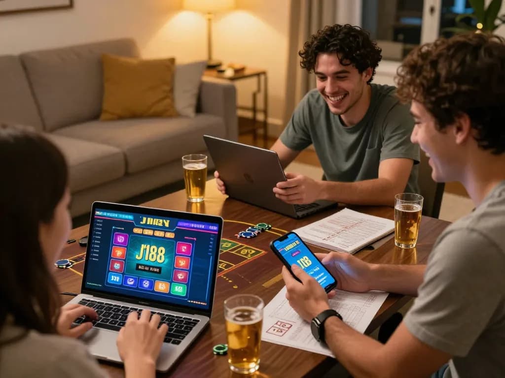 Engaged players enjoying an online game at J188, showcasing vibrant casino interface and strategic notes.