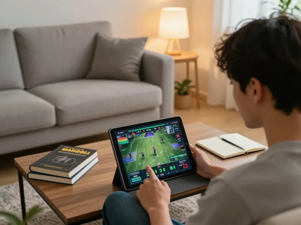 Engaging with nowgoal sports betting interface on tablet in a cozy living room environment.