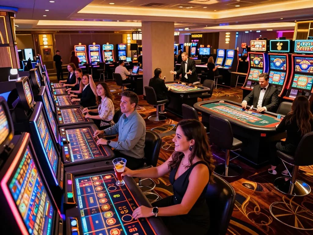 Play exciting games at tic88 in a vibrant casino atmosphere with happy players and slot machines.